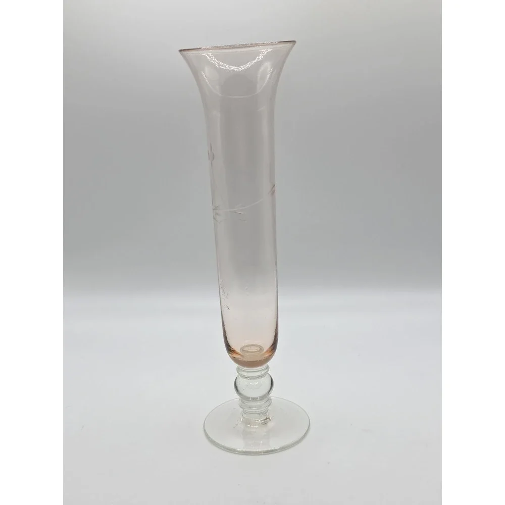 Peach Glass Vase Etched Flowers Stemmed Pedestal Vintage Delicate